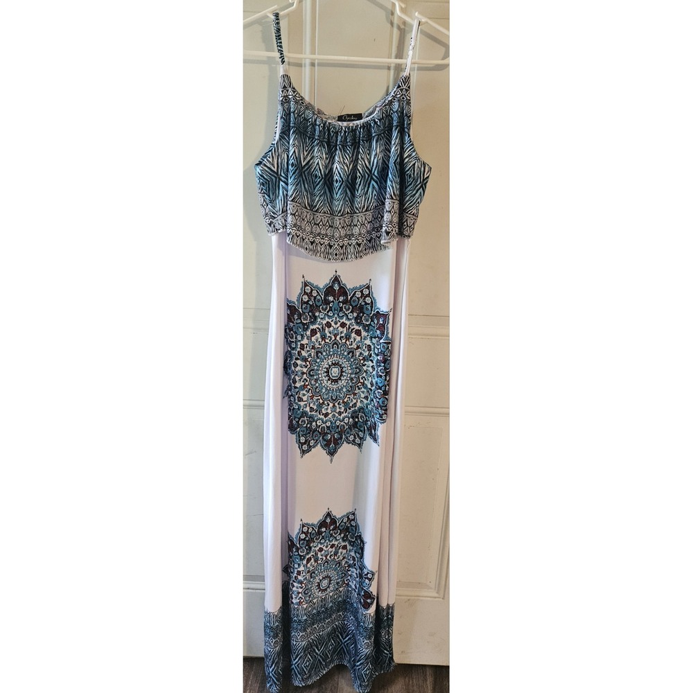 Chesley Women's Maxi Dress Size L Blue White Medallion Print Tiered Overlay Boho